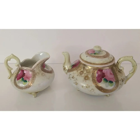 Vintage‎ Hand Painted Pink Gold Floral Footed Teapot & Creamer - Picture 3 of 14